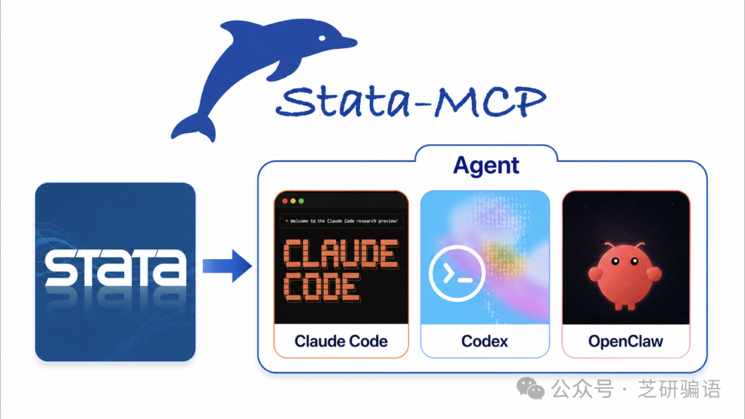 图片展示了 Stata-MCP 的架构。左侧是 Stata 图标，右侧是 Stata-MCP 的“Agent”部分，包含 Claude Code、Codex、OpenClaw 三个图标。Claude Code 图标上有“Claude Code”字样，Codex 图标上有“Codex”字样，OpenClaw 图标上有“OpenClaw”字样。图片上方有“Stata-MCP”字样，下方有“Agent”字样。该图与文档中介绍 Stata-MCP 的内容相关，直观呈现了其组成部分。